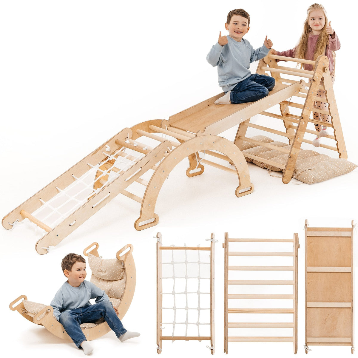 5in1 Montessori Klettergerüst Set: Kletterdreieck mit Rutsche, Kletterbogen, Kletternetz und Kissen, für Kinder 1-7 Jahre – Beige-0