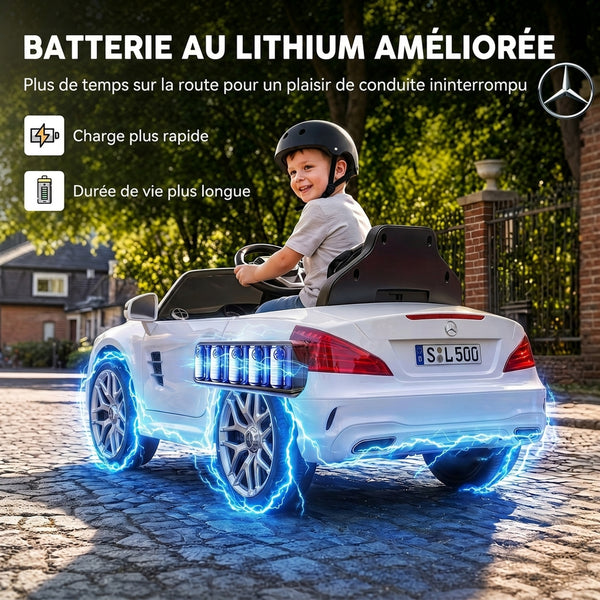 Voiture Électrique Enfants 12V Mercedes-Benz SL500, 3-5 km/h, 2 Moteurs, Télécommande 2,4G, pour 3-5 Ans, Blanc