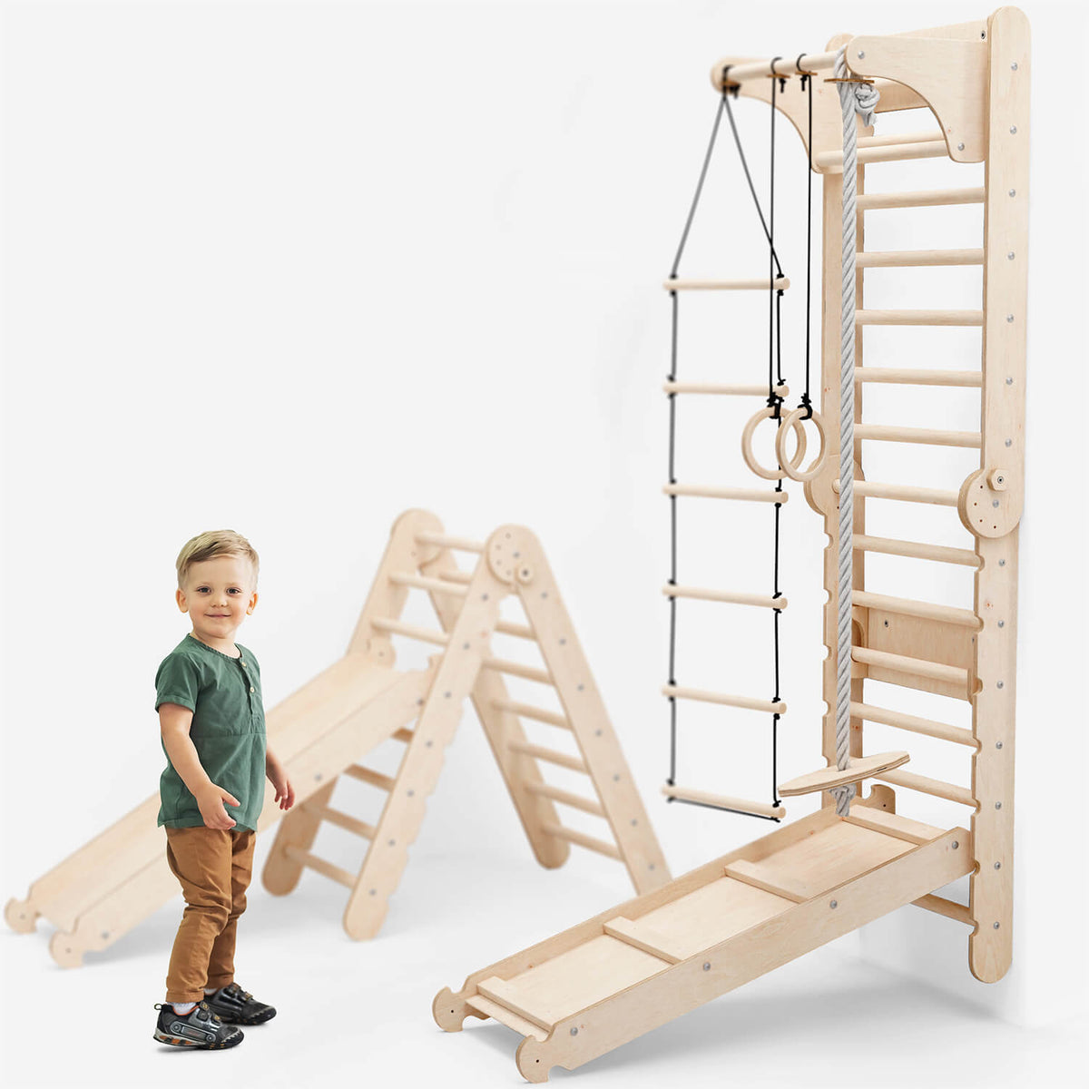 6in1 Kletterwand Indoor: Sprossenwand, Gymnastikringe, Hängende Leiter, Disc-Schaukel, Rutsche und Klimmzugstange für Kinder-0