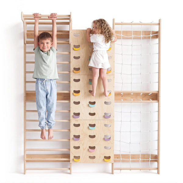 7-in-1 Kletterwand fürs Kinderzimmer mit Sprossenwand, Kletternetz, Klimmzugstange & (3in1) Kinderschaukel-Set