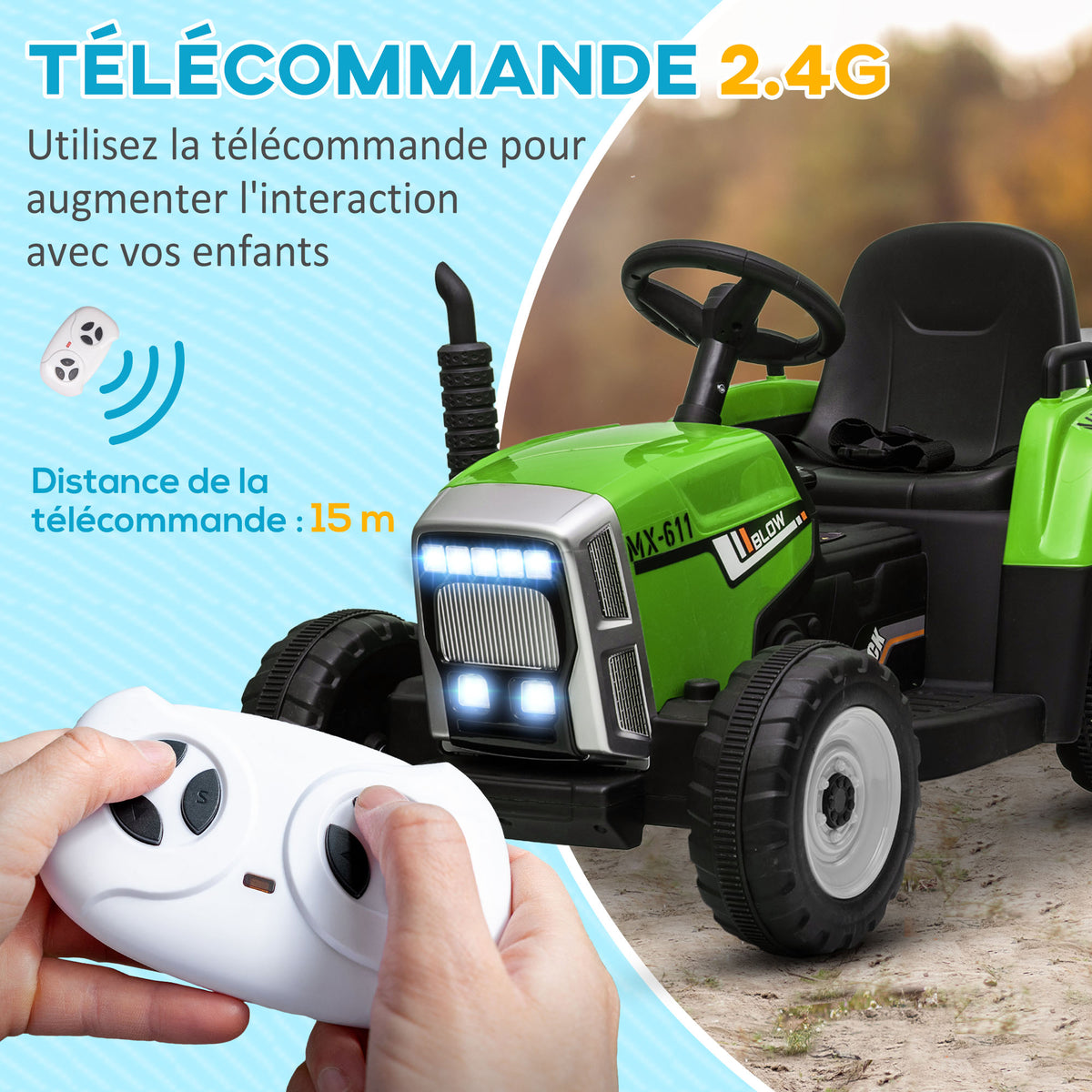 Tracteur électrique avec remorque amovible, pour enfants de 3 à 6 ans avec télécommande MP3 musique affichage lumières