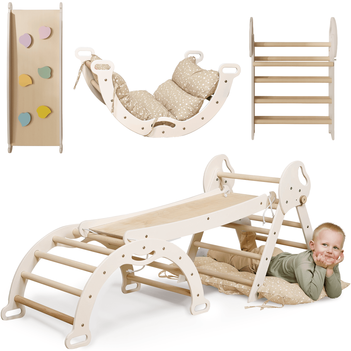 4in1 Montessori Klettergerüst: Pikler-Dreieck + Kletterbogen + Rutschbrett + Kissen für Kleinkinder (1–3 Jahre) – Ivory
