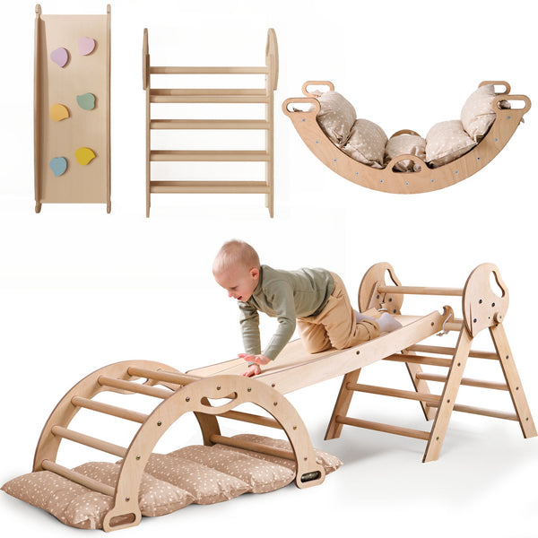 Montessori 4in1 Kletterdreieck für Babys: Pikler-Dreieck, Kletterbogen, Rutschbrett und Kissen für Kleinkinder (1–3 Jahre) - Beige-0